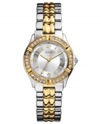 Captivating in two-tones, this steel watch from GUESS sparkles with crystal accents. Captivating in two-tones, this steel watch from GUESS sparkles with crystal accents.