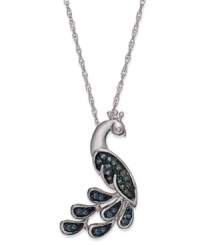 When it comes to your personal style, stand proud. This pendant, set in sterling silver, is radiant with blue and green diamond accents (1/10 ct. t.w.) capturing the look of one of nature's most beautiful creatures. Approximate length: 18 inches. Approximate drop: 1 inch. When it comes to your personal style, stand proud. This pendant, set in sterling silver, is radiant with blue and green diamond accents (1/10 ct. t.w.) capturing the look of one of nature's most beautiful creatures. Approximate length: 18 inches. Approximate drop: 1 inch.