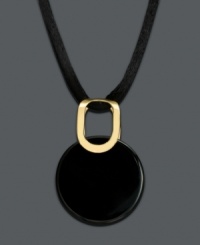 Avant-garde design lends modern flair to every day. Round onyx disc pendant (22 mm) hangs from a simple black silk cord. Clasp and setting crafted in 14k gold. Approximate length: 18 inches. Approximate drop: 1-1/4 inches. Avant-garde design lends modern flair to every day. Round onyx disc pendant (22 mm) hangs from a simple black silk cord. Clasp and setting crafted in 14k gold. Approximate length: 18 inches. Approximate drop: 1-1/4 inches.