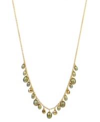 Let it glow. Pretty green-hued cultured freshwater pearls (5-9 mm) combine with glittering pyrite (4-3/4 ct. t.w.) for a luminous look on this 18k gold over sterling silver necklace. Approximate length: 17 inches. Let it glow. Pretty green-hued cultured freshwater pearls (5-9 mm) combine with glittering pyrite (4-3/4 ct. t.w.) for a luminous look on this 18k gold over sterling silver necklace. Approximate length: 17 inches.
