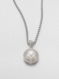 From the Petite Albion Collection. An elegant pearl surrounded with dazzling diamonds set in sleek sterling silver on a box link chain. PearlSterling silverDiamonds, .21 tcwLength, about 17Lobster clasp closureImported From the Petite Albion Collection. An elegant pearl surrounded with dazzling diamonds set in sleek sterling silver on a box link chain. PearlSterling silverDiamonds, .21 tcwLength, about 17Lobster clasp closureImported