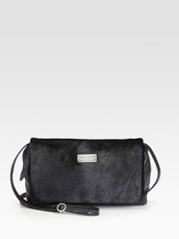 A hip, petite style in luxurious hair calf and leather with a versatile detachable strap.Detachable adjustable shoulder strap, 19-21 dropMagnetic snap flap closure with zipperTwo inside open pocketsCotton lining10W X 6½H X 2½DImported A hip, petite style in luxurious hair calf and leather with a versatile detachable strap.Detachable adjustable shoulder strap, 19-21 dropMagnetic snap flap closure with zipperTwo inside open pocketsCotton lining10W X 6½H X 2½DImported