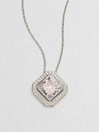 A distinctively faceted square of cubic zirconia is framed by shimmering pavé crystals in this lovely design on a silvery chain.Crystal and cubic zirconiaRhodium platingChain length, about 16Pendant, about ½ squareLobster claspImported A distinctively faceted square of cubic zirconia is framed by shimmering pavé crystals in this lovely design on a silvery chain.Crystal and cubic zirconiaRhodium platingChain length, about 16Pendant, about ½ squareLobster claspImported