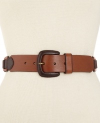 Subtle color blends wonderfully on this classic leather belt from Fossil. Added hinges wrapped in rich leather bring rustic and unique style. Subtle color blends wonderfully on this classic leather belt from Fossil. Added hinges wrapped in rich leather bring rustic and unique style.