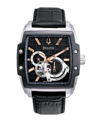 Perfection in every detail. Watch by Bulova crafted of black croc-embossed leather strap and square stainless steel case with black bezel. Black grid-patterned dial features applied rose-gold tone stick indices, two rose-gold tone hands, three subdials and logo. Automatic movement. Water resistant to 30 meters. Three-year limited warranty. Perfection in every detail. Watch by Bulova crafted of black croc-embossed leather strap and square stainless steel case with black bezel. Black grid-patterned dial features applied rose-gold tone stick indices, two rose-gold tone hands, three subdials and logo. Automatic movement. Water resistant to 30 meters. Three-year limited warranty.