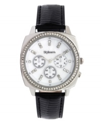 Embrace elegance with this sparkling watch by Style&co. Black leather strap and round silver tone mixed metal case. Bezel embellished with crystal accents. White mother-of-pearl dial features crystal accent markers, three multifunctional subdials, three silver tone hands and logo. Quartz movement. Splash resistant. Two-year limited warranty. Embrace elegance with this sparkling watch by Style&co. Black leather strap and round silver tone mixed metal case. Bezel embellished with crystal accents. White mother-of-pearl dial features crystal accent markers, three multifunctional subdials, three silver tone hands and logo. Quartz movement. Splash resistant. Two-year limited warranty.
