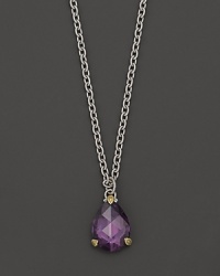 Detailed in 18K yellow gold, this Judith Ripka pear stone necklace frames a faceted purple crystal. Detailed in 18K yellow gold, this Judith Ripka pear stone necklace frames a faceted purple crystal.