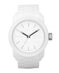 Bleached out and bold. Highlight your style with this watch by Diesel crafted of white faux-link textured silicone bracelet and round plastic case, 44mm. White dial features applied stick indices, numerals at two, three and four o'clock, minute track, three hands and logo at nine o'clock. Quartz movement. Water resistant to 30 meters. Two-year limited warranty. Bleached out and bold. Highlight your style with this watch by Diesel crafted of white faux-link textured silicone bracelet and round plastic case, 44mm. White dial features applied stick indices, numerals at two, three and four o'clock, minute track, three hands and logo at nine o'clock. Quartz movement. Water resistant to 30 meters. Two-year limited warranty.