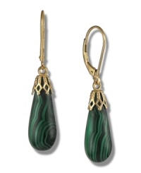 Like royalty. Shaped into perfect teardrops, two malachite gems (8 mm x 22 mm) are set in 14k gold, providing any outfit with a vibrant pop of green. Approximate drop: 1 inch. Like royalty. Shaped into perfect teardrops, two malachite gems (8 mm x 22 mm) are set in 14k gold, providing any outfit with a vibrant pop of green. Approximate drop: 1 inch.