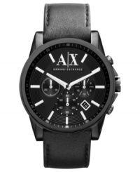 Become the man in black with this handsome leather watch from AX Armani Exchange. Become the man in black with this handsome leather watch from AX Armani Exchange.