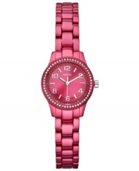 Bold and energetic color bursts onto the scene with this fuchsia timepiece from GUESS. Bold and energetic color bursts onto the scene with this fuchsia timepiece from GUESS.
