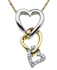 Let love conquer all with this interlocking heart necklace. Set in sterling silver and 14k gold, pendant features three interlocking hearts with the bottom heart coated in round-cut diamond accents. Approximate length: 18 inches. Approximate drop: 3/4 inch.