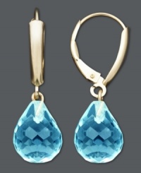Briolette perfection. Two colorful drops in faceted blue topaz (14 ct. t.w.) add just the right pop to your look. Crafted in 14k gold. Approximate drop: 1-1/8 inches. Briolette perfection. Two colorful drops in faceted blue topaz (14 ct. t.w.) add just the right pop to your look. Crafted in 14k gold. Approximate drop: 1-1/8 inches.