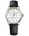 Black leather creates a masculine steel watch from Tommy Hilfiger.