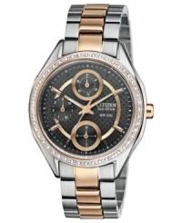 Ladylike elegance with rosy hues and glistening Swarovski elements adorn this Drive from Citizen's Eco-Drive watch. With Eco-Drive technology that feeds off the power of natural and artificial light, never needing a battery. Ladylike elegance with rosy hues and glistening Swarovski elements adorn this Drive from Citizen's Eco-Drive watch. With Eco-Drive technology that feeds off the power of natural and artificial light, never needing a battery.
