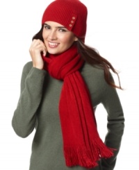 Winter chic is easy with this scarf and ribbed beanie ensemble by Calvin Klein. The hat features charming button embellishment and a logo bar detail, while the knit material is so soft, you'll think it's cashmere! Winter chic is easy with this scarf and ribbed beanie ensemble by Calvin Klein. The hat features charming button embellishment and a logo bar detail, while the knit material is so soft, you'll think it's cashmere!