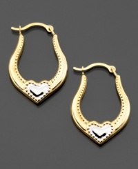 Love comes in all sizes. These beautiful 14k yellow and white gold hoop earrings feature tiny hearts. Approximate diameter: 1/4 inch. Approximate drop: 3/4 inch. Love comes in all sizes. These beautiful 14k yellow and white gold hoop earrings feature tiny hearts. Approximate diameter: 1/4 inch. Approximate drop: 3/4 inch.