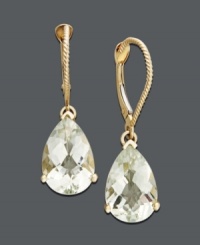 Add a perfect last-second touch in pale pastels. These teardrop-shaped earrings feature faceted green quartz (5-1/2 ct. t.w.) in a rich 14k gold setting. Approximate drop: 1 inch. Add a perfect last-second touch in pale pastels. These teardrop-shaped earrings feature faceted green quartz (5-1/2 ct. t.w.) in a rich 14k gold setting. Approximate drop: 1 inch.