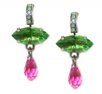 Israeli Designer Mariana Antique Silver Plated East/West Marquise Dangle Earrings in Green, Pink and Pacific Opal Swarovski Crystals Israeli Designer Mariana Antique Silver Plated East/West Marquise Dangle Earrings in Green, Pink and Pacific Opal Swarovski Crystals