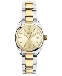 Timeless design by ESQ by Movado. This watch features a two-tone stainless steel bracelet and round case. Champagne dial with goldtone stick indices, logo and date window. Quartz movement. Water resistant to 30 meters. Two-year limited warranty. Timeless design by ESQ by Movado. This watch features a two-tone stainless steel bracelet and round case. Champagne dial with goldtone stick indices, logo and date window. Quartz movement. Water resistant to 30 meters. Two-year limited warranty.