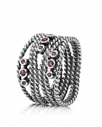 Bezel-set rhodolite stones sparkle among twisted sterling silver cables on this bewitching PANDORA ring. Bezel-set rhodolite stones sparkle among twisted sterling silver cables on this bewitching PANDORA ring.