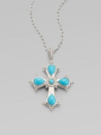 This cross of vibrant turquoise is framed in sterling silver and punctuated by luminous diamonds.Diamond, 0.15 tcw Sterling silver Pendant length, about 2½ ImportedPlease note: Chain sold separately This cross of vibrant turquoise is framed in sterling silver and punctuated by luminous diamonds.Diamond, 0.15 tcw Sterling silver Pendant length, about 2½ ImportedPlease note: Chain sold separately