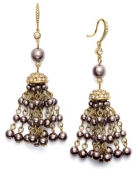The tassels are worth it. This pair of earrings from Charter Club is crafted from brown gold-tone mixed metal with glass pearls and a beaded tassel raising the bar on style. Approximate drop: 3 inches. The tassels are worth it. This pair of earrings from Charter Club is crafted from brown gold-tone mixed metal with glass pearls and a beaded tassel raising the bar on style. Approximate drop: 3 inches.