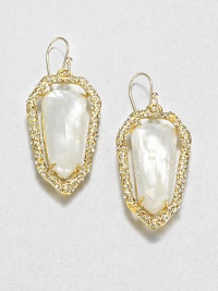 From the Miss Havisham Collection. Luminous shield-shaped doublets of mother-of-pearl and white quartz have sparkling golden frames set with Swarovski crystals for light-catching radiance.Mother-of-pearl and white quartzCrystalGoldtoneLength, about 2Width, about .75Ear wireMade in USA From the Miss Havisham Collection. Luminous shield-shaped doublets of mother-of-pearl and white quartz have sparkling golden frames set with Swarovski crystals for light-catching radiance.Mother-of-pearl and white quartzCrystalGoldtoneLength, about 2Width, about .75Ear wireMade in USA