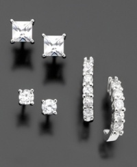 Three versatile styles, perfect for every day. B. Brilliant set includes three pairs, all crafted in sterling silver: round-cut cubic zirconia hoops (1 ct. t.w.), round-cut studs (1/3 ct. t.w.) and princess-cut studs (3/4 ct. t.w.). Three versatile styles, perfect for every day. B. Brilliant set includes three pairs, all crafted in sterling silver: round-cut cubic zirconia hoops (1 ct. t.w.), round-cut studs (1/3 ct. t.w.) and princess-cut studs (3/4 ct. t.w.).