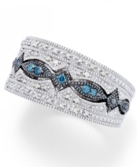 Perfectly patterned. This intricate ring combines round-cut blue diamonds (1/10 ct. t.w.) and white diamonds (1/6 ct. t.w.) in a sterling silver and black rhodium-accented band. Size 7. Perfectly patterned. This intricate ring combines round-cut blue diamonds (1/10 ct. t.w.) and white diamonds (1/6 ct. t.w.) in a sterling silver and black rhodium-accented band. Size 7.
