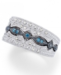 Perfectly patterned. This intricate ring combines round-cut blue diamonds (1/10 ct. t.w.) and white diamonds (1/6 ct. t.w.) in a sterling silver and black rhodium-accented band. Size 7.