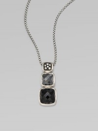 From the Chiclet Collection. A graduated design with cool hemitite, dark black onyx and dazzling diamonds in blackened sterling silver on a box link chain.Hemitite and black onyxDiamonds, .12 tcwBlackened sterling silverLength, about 17 to 18 adjustable Pendant size, about 1½Lobster clasp closureImported From the Chiclet Collection. A graduated design with cool hemitite, dark black onyx and dazzling diamonds in blackened sterling silver on a box link chain.Hemitite and black onyxDiamonds, .12 tcwBlackened sterling silverLength, about 17 to 18 adjustable Pendant size, about 1½Lobster clasp closureImported