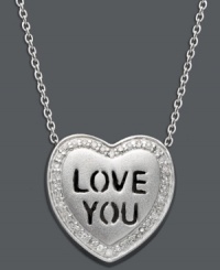 What better way to express yourself? Put it all on the line with Sweethearts' stylish Love You pendant. Crafted from sterling silver, pendant features a chic heart shape and sparkling round-cut diamonds (1/10 ct. t.w.). Approximate length: 16 inches + 2-inch extender. Approximate drop: 5/8 inch. What better way to express yourself? Put it all on the line with Sweethearts' stylish Love You pendant. Crafted from sterling silver, pendant features a chic heart shape and sparkling round-cut diamonds (1/10 ct. t.w.). Approximate length: 16 inches + 2-inch extender. Approximate drop: 5/8 inch.