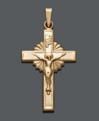 Express your beliefs in everlasting style. Cross pendant features a crucifix and starburst design in 14k gold. Approximate drop width: 3/4 inch. Approximate drop length: 1-1/2 inches. Express your beliefs in everlasting style. Cross pendant features a crucifix and starburst design in 14k gold. Approximate drop width: 3/4 inch. Approximate drop length: 1-1/2 inches.