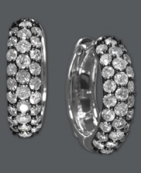 Petite hoops that pack a lot of sparkle. EFFY Collection's pretty style features round-cut pave-set diamonds (1 ct. t.w.) in a 14k white gold and black rhodium setting. Approximate diameter: 1/2 inch. Petite hoops that pack a lot of sparkle. EFFY Collection's pretty style features round-cut pave-set diamonds (1 ct. t.w.) in a 14k white gold and black rhodium setting. Approximate diameter: 1/2 inch.