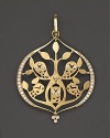 Watchful owls are intricately cutout in 18K gold on this diamond detailed Temple St. Clair pendant.