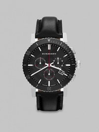 A signature chronograph style with a check stamped dial that is brought together by a rich, leather strap bracelet.Quartz movementChronograph dialRound bezelWater resistant to 5ATMDate display at 4 o'clockSecond handStainless steel case: 42mm(1.65)Leather strap braceletImported A signature chronograph style with a check stamped dial that is brought together by a rich, leather strap bracelet.Quartz movementChronograph dialRound bezelWater resistant to 5ATMDate display at 4 o'clockSecond handStainless steel case: 42mm(1.65)Leather strap braceletImported