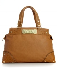 Take a ladylike approach to everyday accessorizing with this satchel silhouette from Olivea + Joy. Golden hardware, stud and zipper accents and ostrich-embossed trim lend a decidedly luxe look to any ensemble. Take a ladylike approach to everyday accessorizing with this satchel silhouette from Olivea + Joy. Golden hardware, stud and zipper accents and ostrich-embossed trim lend a decidedly luxe look to any ensemble.