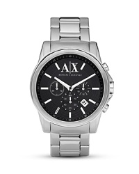 Armani Exchange's slim-faced stainless steel chronograph strikes a bold balance between contemporary and classic. Make like a power broker and wear this strong style with a suit. Armani Exchange's slim-faced stainless steel chronograph strikes a bold balance between contemporary and classic. Make like a power broker and wear this strong style with a suit.