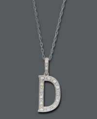 Spell it out in sparkle! This personalized initial charm necklace makes the perfect gift for Dawn or Deborah. Features sparkling, round-cut diamond accents. Setting and chain crafted in 14k white gold. Approximate length: 18 inches. Approximate drop: 1/2 inch. Spell it out in sparkle! This personalized initial charm necklace makes the perfect gift for Dawn or Deborah. Features sparkling, round-cut diamond accents. Setting and chain crafted in 14k white gold. Approximate length: 18 inches. Approximate drop: 1/2 inch.