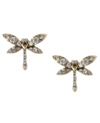 Winged wonder, by Betsey Johnson. These stud earrings feature sparkling, round-cut crystals in antique gold tone mixed metal. Approximate width: 3/4 inches. Winged wonder, by Betsey Johnson. These stud earrings feature sparkling, round-cut crystals in antique gold tone mixed metal. Approximate width: 3/4 inches.