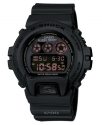 Life is tough. The G-Shock watch is tougher. This watch features a black resin strap and round case. Shock-resistant, digital display dial with world time, mud resistance, five multifunctional alarms, countdown timer, twin stopwatches, dual auto EL backlight with afterglow and 12/24-hour formats. Quartz movement. Water resistant to 200 meters. One-year warranty. Life is tough. The G-Shock watch is tougher. This watch features a black resin strap and round case. Shock-resistant, digital display dial with world time, mud resistance, five multifunctional alarms, countdown timer, twin stopwatches, dual auto EL backlight with afterglow and 12/24-hour formats. Quartz movement. Water resistant to 200 meters. One-year warranty.