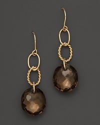 Oval freeform smoky quartz briolettes add rich sparkle to links of 14K yellow gold. By Nancy B. Oval freeform smoky quartz briolettes add rich sparkle to links of 14K yellow gold. By Nancy B.