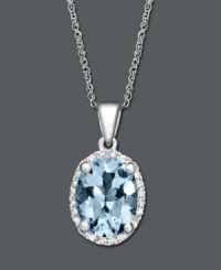 Splash your neckline with a hint of pale pastel. Pendant features an oval-cut aquamarine gemstone (1-3/8 ct. t.w.) surrounded by a halo of diamond accents. Crafted in 14k white gold. Approximate length: 18 inches. Approximate drop: 1/2 inch.