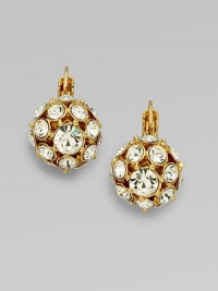 Brilliant glass studs radiate from every angle on a hand-crafted, jeweled orb style. Glass 12k goldplated Drop, about ¾ Diameter, about ½ 14k gold-filled ear wire Imported Brilliant glass studs radiate from every angle on a hand-crafted, jeweled orb style. Glass 12k goldplated Drop, about ¾ Diameter, about ½ 14k gold-filled ear wire Imported
