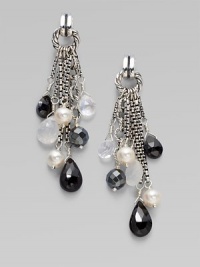 From the Bijoux Collection. A cluster of pretty onyx, hematite and cultured freshwater pearls that dangle on sterling silver chains. Onyx, hematite and cultured freshwater pearlsSterling silverDrop, about 2¼Post backImported From the Bijoux Collection. A cluster of pretty onyx, hematite and cultured freshwater pearls that dangle on sterling silver chains. Onyx, hematite and cultured freshwater pearlsSterling silverDrop, about 2¼Post backImported