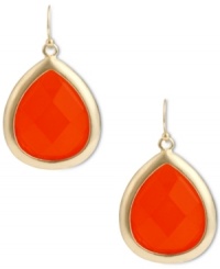 Drops of summer. These colorful drop earrings feature faceted orange acrylic beads in a teardrop design, framed in a gold tone mixed metal setting. Approximate drop: 1-1/2 inches. Drops of summer. These colorful drop earrings feature faceted orange acrylic beads in a teardrop design, framed in a gold tone mixed metal setting. Approximate drop: 1-1/2 inches.