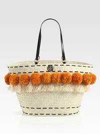 A woven raffia design accented with luxurious leather that's fun and unique.Double leather top handles, 10½ dropOpen topOne inside zip pocketTwo inside open pocketsCotton lining12W X 11H X 7¼DImported A woven raffia design accented with luxurious leather that's fun and unique.Double leather top handles, 10½ dropOpen topOne inside zip pocketTwo inside open pocketsCotton lining12W X 11H X 7¼DImported