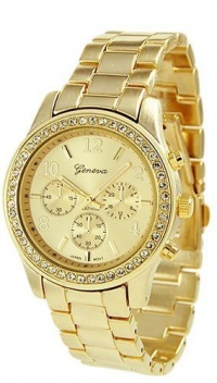 Geneva Chronograph Look Watch with Crystals..Gold Tone Metal Link