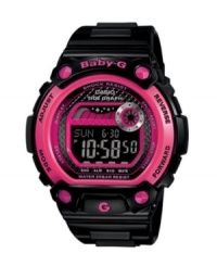 Grab your board and hit the waves with this bold BLX series Baby-G watch. Black resin strap and round case with hot pink accents. Shock-resistant black and pink dial with negative digital display features tide graph, EL backlight, world time, multiple alarms, stopwatch, countdown timer, 12/24 hour formats and mute function. Digital movement. Water resistant to 200 meters. One-year limited warranty. Grab your board and hit the waves with this bold BLX series Baby-G watch. Black resin strap and round case with hot pink accents. Shock-resistant black and pink dial with negative digital display features tide graph, EL backlight, world time, multiple alarms, stopwatch, countdown timer, 12/24 hour formats and mute function. Digital movement. Water resistant to 200 meters. One-year limited warranty.